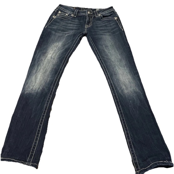 Rock Revival Rhinestone Miss Me Blue Boot Cut Jeans with Lace Overlay  Pockets - Picture 3 of 5